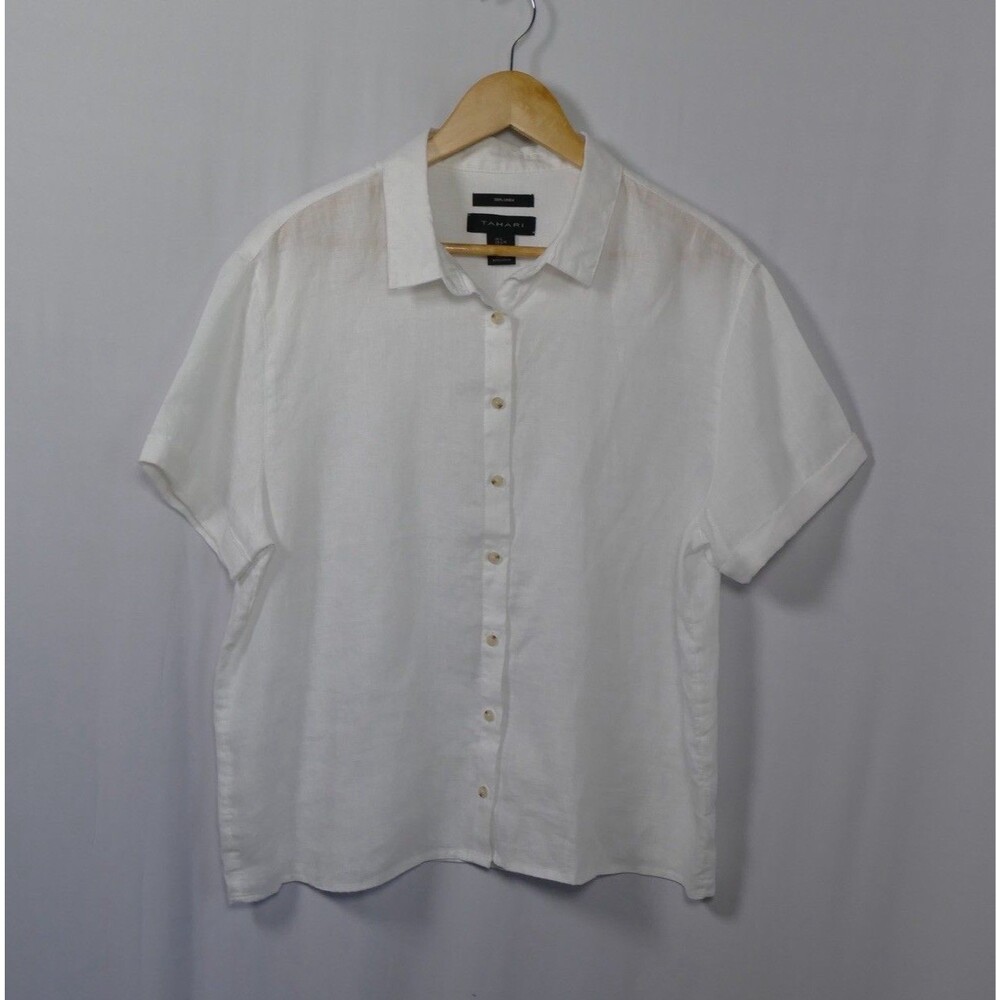 Tahari 100% Linen Button Up Shirt Women’s Size Large White Short Sleeve